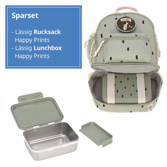 Lässig 2-tlg. Set Rucksack Mini Backpack & Edelstahl-Brotdose Lunchbox - Happy Prints - Light Olive