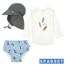 3-pc. Bath Set Shirt, Nappy Pants & Sun Hat - Crocodile & Boards - Sea Salt / Sky Blue / Deep Olive - Size: 3 - 6 months