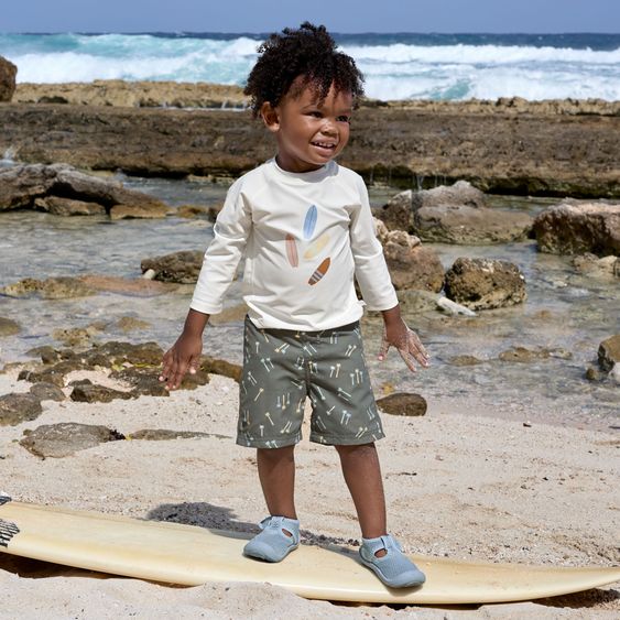 Lässig 3-pc. Bath Set Shirt, Nappy Pants & Sun Hat - Crocodile & Boards - Sea Salt / Sky Blue / Deep Olive - Size: 3 - 6 months