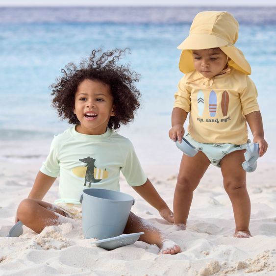 Lässig 3-pc. Bath Set Shirt, Nappy Pants & Sun Hat - Crocodile & Boards - Sky Blue / Vanilla - Size: 3 - 6 months
