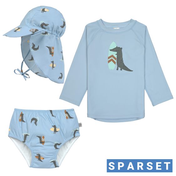Lässig 3-pc. Bath Set Shirt, Nappy Pants & Sun Hat - Crocodile - Sky Blue - Size: 3 - 6 months