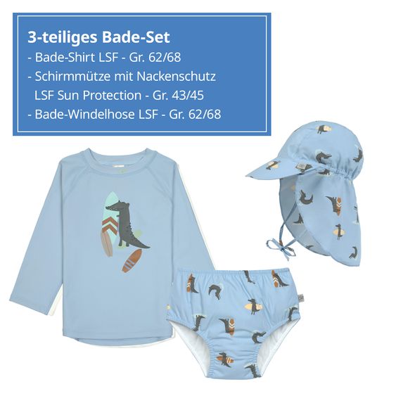 Lässig 3-pc. Bath Set Shirt, Nappy Pants & Sun Hat - Crocodile - Sky Blue - Size: 3 - 6 months