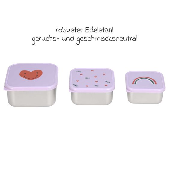 Lässig Set 3 pz. di contenitori per snack in acciaio inox - Happy Rascals Heart - Lavanda