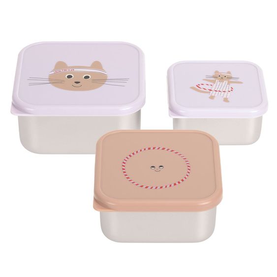 Lässig Set di 3 contenitori per snack in acciaio inox - Tiny Team Cat