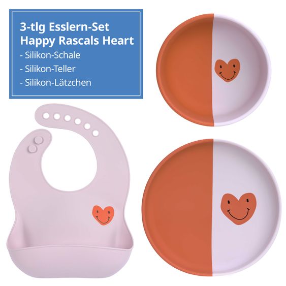 Lässig 3-pc Feeding Set Silicone - Plate + Bowl + Bib - Happy Rascals Heart - Lavender