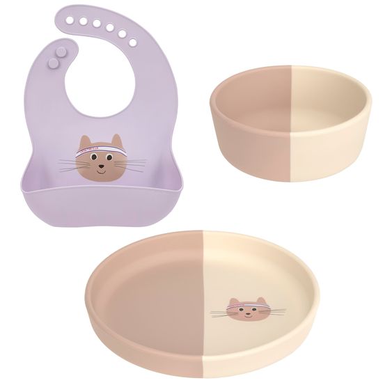 Lässig Set pappa 3 pz Piatto in silicone + ciotola + bavaglino - Tiny Team Cat