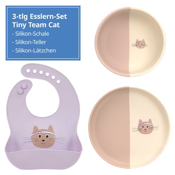 Lässig Set pappa 3 pz Piatto in silicone + ciotola + bavaglino - Tiny Team Cat