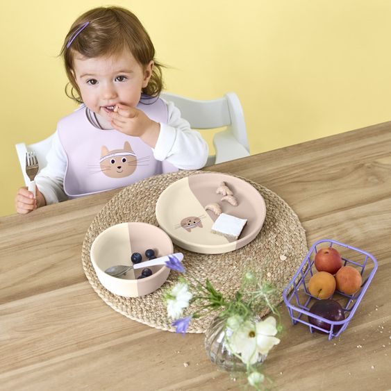 Lässig Set pappa 3 pz Piatto in silicone + ciotola + bavaglino - Tiny Team Cat