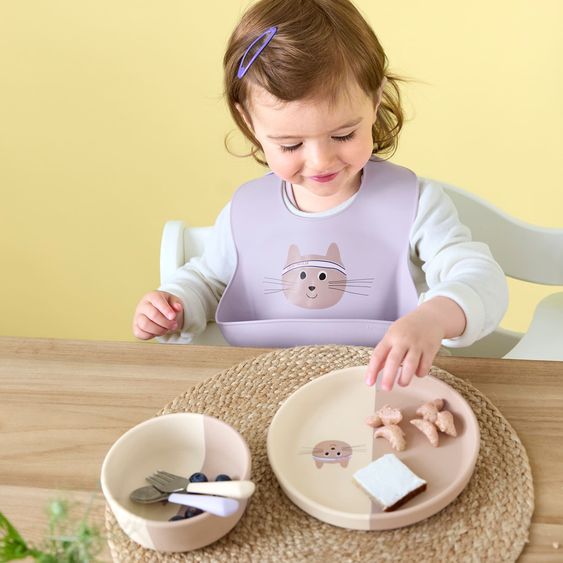 Lässig Set pappa 3 pz Piatto in silicone + ciotola + bavaglino - Tiny Team Cat