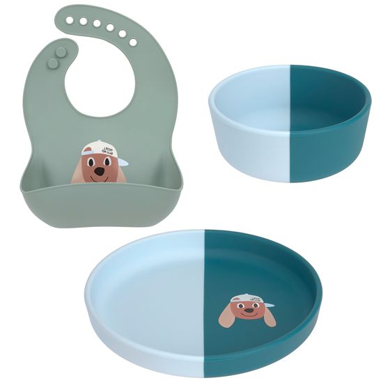 Lässig Set pappa 3 pz Piatto + Ciotola + Bavaglino in Silicone - Tiny Team Dog