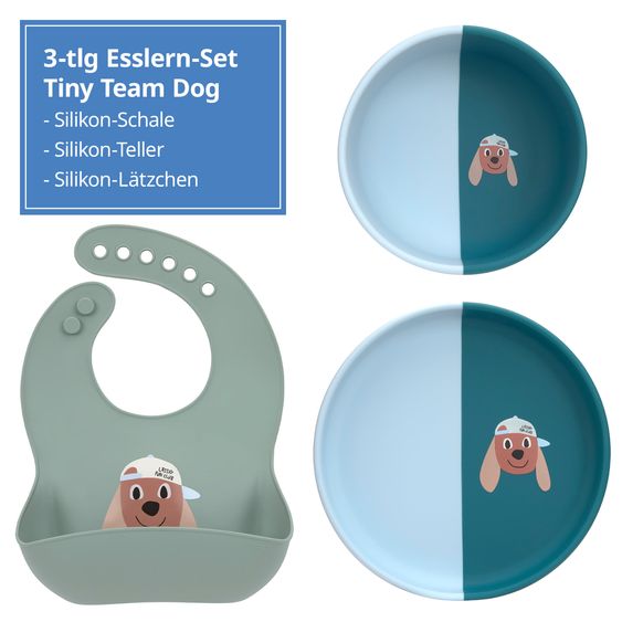 Lässig Set pappa 3 pz Piatto + Ciotola + Bavaglino in Silicone - Tiny Team Dog