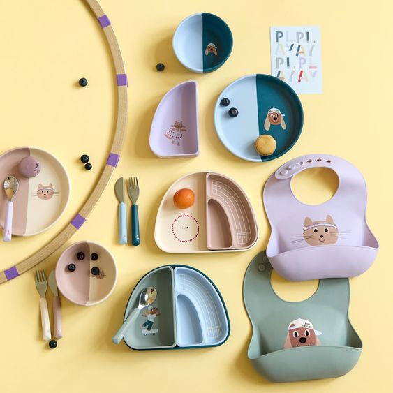 Lässig Set pappa 3 pz Piatto + Ciotola + Bavaglino in Silicone - Tiny Team Dog