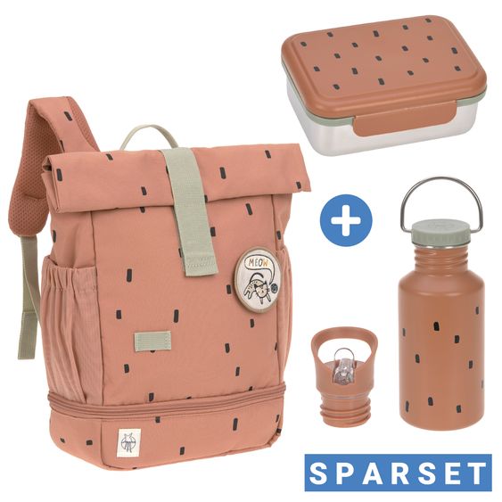 Lässig 3-pc. Set Mini Rolltop Backpack + Lunchbox + Drinking Bottle - Happy Prints - Caramel