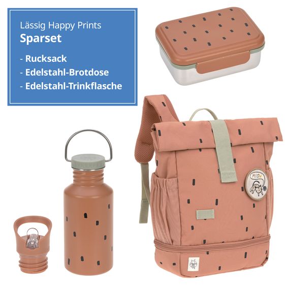 Lässig 3-pc. Set Mini Rolltop Backpack + Lunchbox + Drinking Bottle - Happy Prints - Caramel