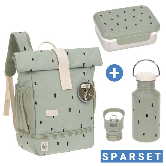 Lässig 3-pc. Set Mini Rolltop Backpack + Lunchbox + Drinking Bottle - Happy Prints - Light Olive