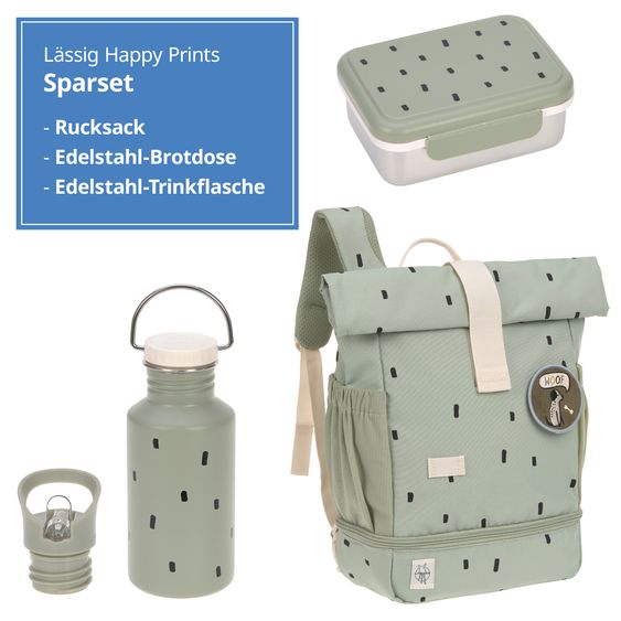 Lässig 3-pc. Set Mini Rolltop Backpack + Lunchbox + Drinking Bottle - Happy Prints - Light Olive