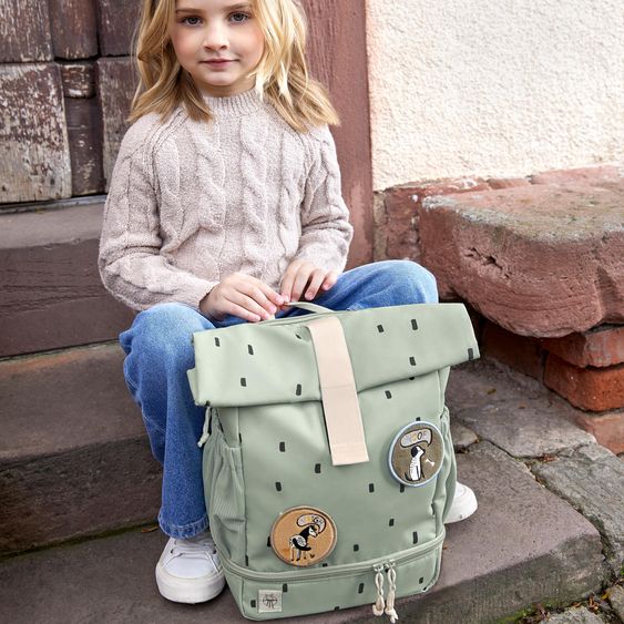 Lässig 3-pc. Set Mini Rolltop Backpack + Lunchbox + Drinking Bottle - Happy Prints - Light Olive