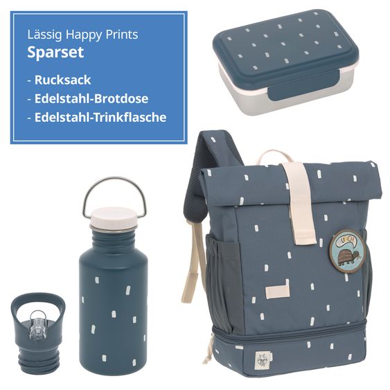 Lässig 3-pc. Set Mini Rolltop Backpack + Lunchbox + Drinking Bottle - Happy Prints - Midnight Blue