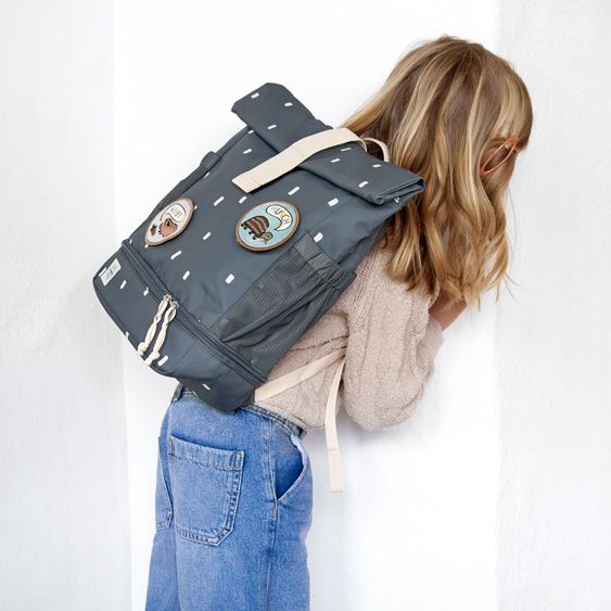 Lässig 3-pc. Set Mini Rolltop Backpack + Lunchbox + Drinking Bottle - Happy Prints - Midnight Blue