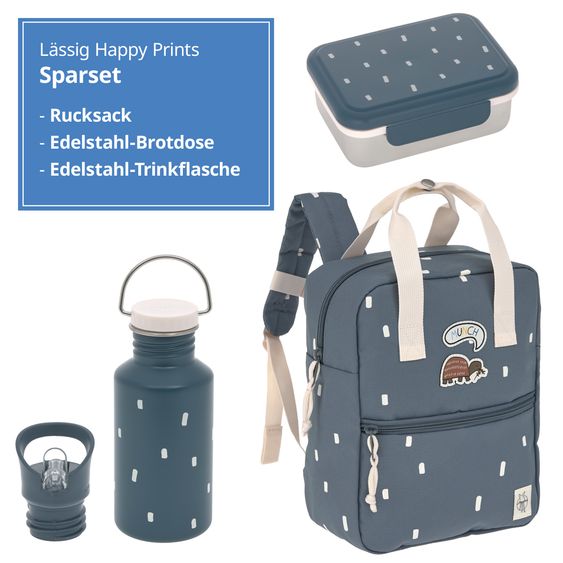 Lässig 3-tlg. Set Rucksack Mini Square Backpack + Brotdose + Trinkflasche - Happy Prints - Midnight Blue