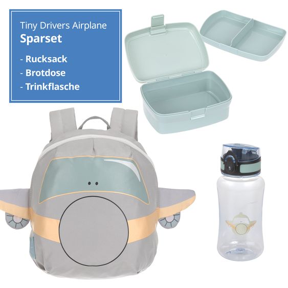 Lässig 3-tlg. Set Rucksack Tiny Backpack + Brotdose + Trinkflasche - Tiny Drivers Airplane