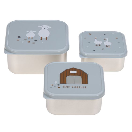 Lässig 3 pcs Snack Box Set Stainless Steel - Tiny Farmer - Blue