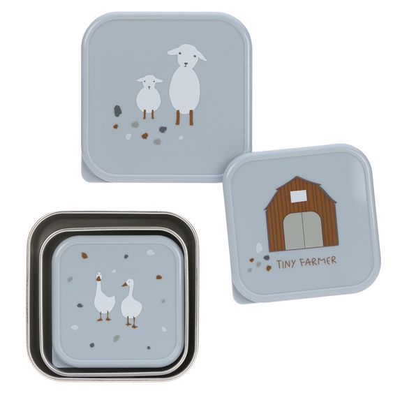 Lässig 3 pcs Snack Box Set Stainless Steel - Tiny Farmer - Blue