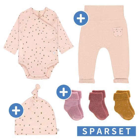 Lässig 6-tlg. Erstlings-Set aus Bio-Baumwolle - Wickelbody + Hose + Mütze + Socken - Dots Powder Pink - Gr. 50/56