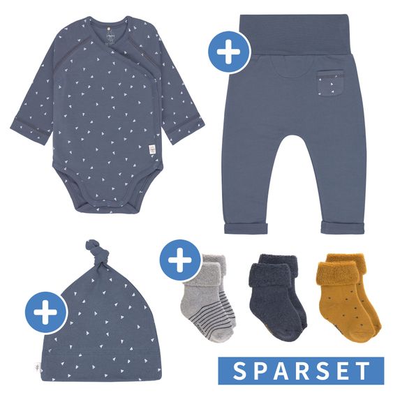 Lässig 6-tlg. Erstlings-Set aus Bio-Baumwolle - Wickelbody + Hose + Mütze + Socken - Triangle Blue - Gr. 50/56