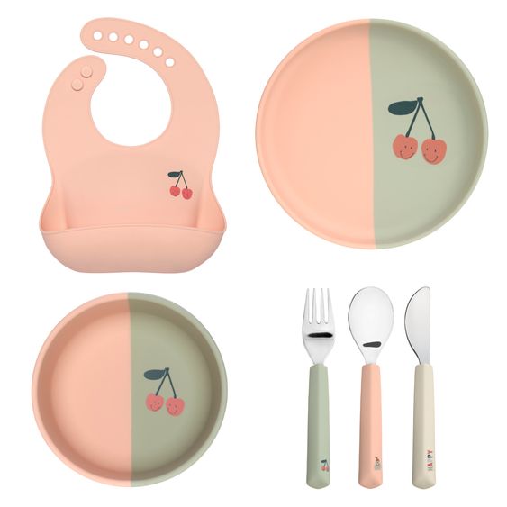 Lässig 6-tlg. Geschirr-Set Silikon - Besteck + Schale + Teller + Lätzchen - Happy Fruits - Cherry
