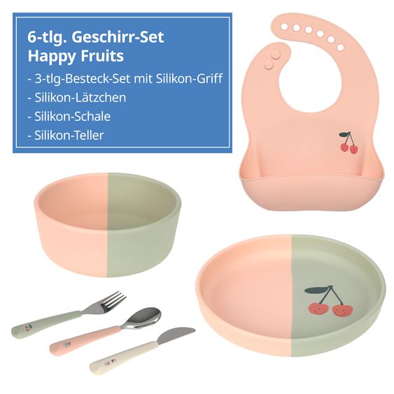 Lässig 6-tlg. Geschirr-Set Silikon - Besteck + Schale + Teller + Lätzchen - Happy Fruits - Cherry