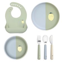 6-tlg. Geschirr-Set Silikon - Besteck + Schale + Teller + Lätzchen - Happy Fruits - Lemon