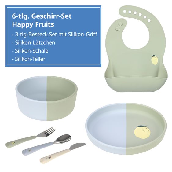 Lässig 6-tlg. Geschirr-Set Silikon - Besteck + Schale + Teller + Lätzchen - Happy Fruits - Lemon