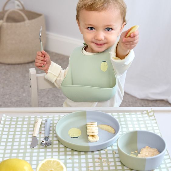 Lässig 6-tlg. Geschirr-Set Silikon - Besteck + Schale + Teller + Lätzchen - Happy Fruits - Lemon