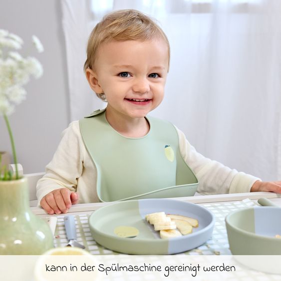 Lässig 6-tlg. Geschirr-Set Silikon - Besteck + Schale + Teller + Lätzchen - Happy Fruits - Lemon