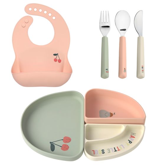 Lässig 7-tlg. Geschirr-Set Silikon - Trennschalen + Besteck + Lätzchen - Happy Fruits - Cherry