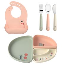 7-tlg. Geschirr-Set Silikon - Trennschalen + Besteck + Lätzchen - Happy Fruits - Cherry