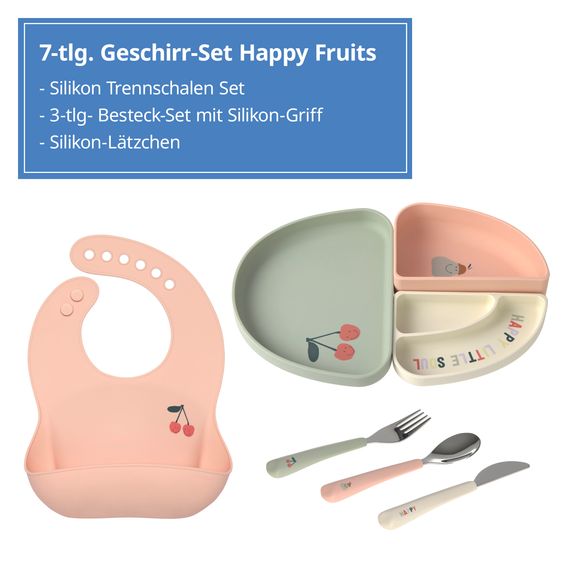 Lässig 7-tlg. Geschirr-Set Silikon - Trennschalen + Besteck + Lätzchen - Happy Fruits - Cherry