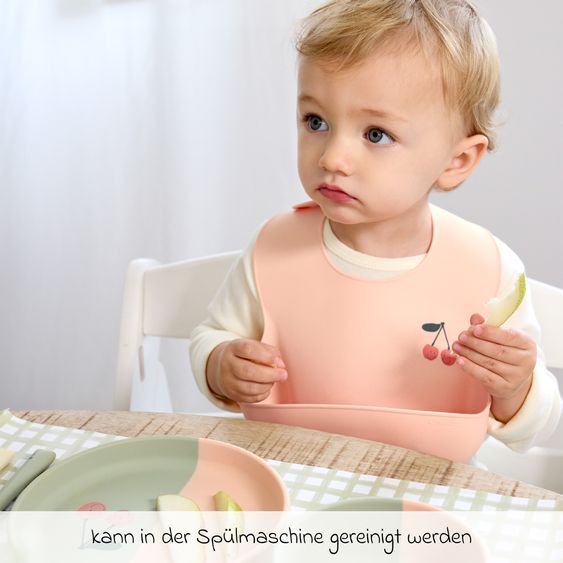 Lässig 7-tlg. Geschirr-Set Silikon - Trennschalen + Besteck + Lätzchen - Happy Fruits - Cherry