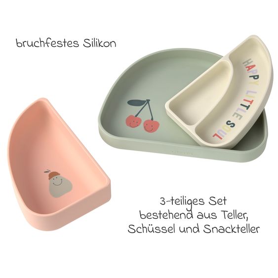 Lässig 7-tlg. Geschirr-Set Silikon - Trennschalen + Besteck + Lätzchen - Happy Fruits - Cherry