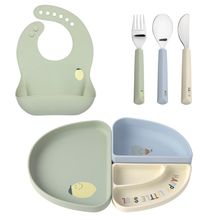 7-tlg. Geschirr-Set Silikon - Trennschalen + Besteck + Lätzchen - Happy Fruits - Lemon