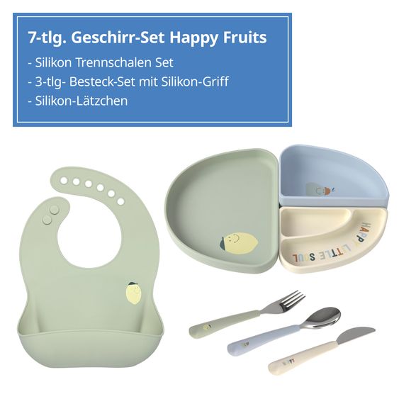 Lässig 7-tlg. Geschirr-Set Silikon - Trennschalen + Besteck + Lätzchen - Happy Fruits - Lemon