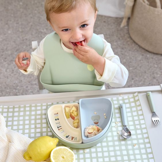 Lässig 7-tlg. Geschirr-Set Silikon - Trennschalen + Besteck + Lätzchen - Happy Fruits - Lemon