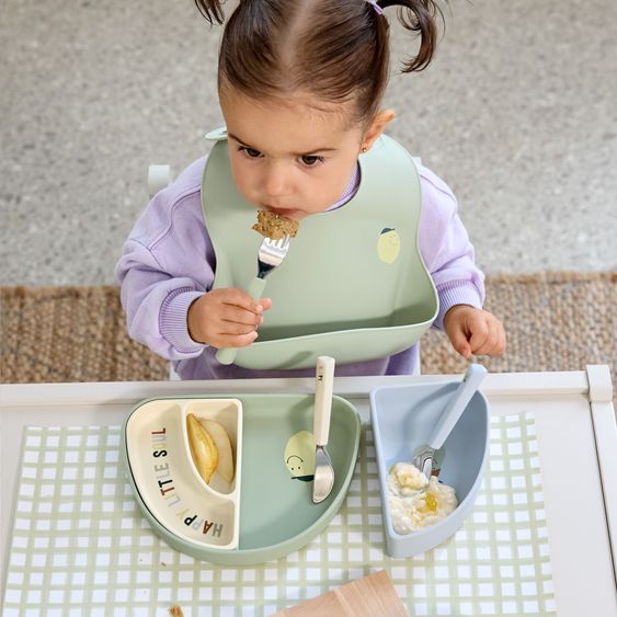 Lässig 7-tlg. Geschirr-Set Silikon - Trennschalen + Besteck + Lätzchen - Happy Fruits - Lemon