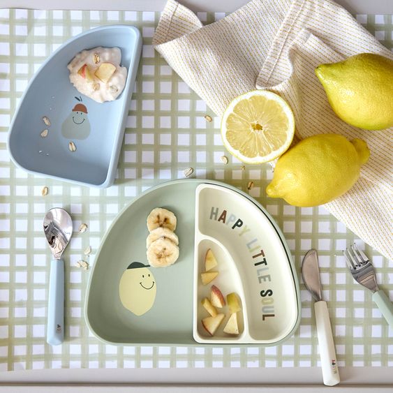 Lässig 7-tlg. Geschirr-Set Silikon - Trennschalen + Besteck + Lätzchen - Happy Fruits - Lemon