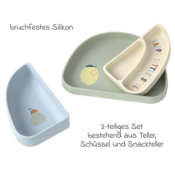 Lässig 7-tlg. Geschirr-Set Silikon - Trennschalen + Besteck + Lätzchen - Happy Fruits - Lemon