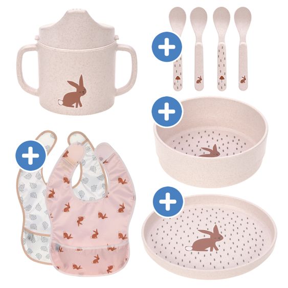 Lässig Set 9 pezzi per imparare a mangiare - Tazza Sippy + Ciotola + Piatto + 4 Cucchiai + 2 Bavaglini con velcro - Little Forest Rabbit - Rosa