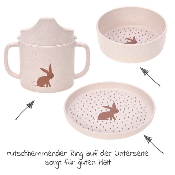 Lässig Set 9 pezzi per imparare a mangiare - Tazza Sippy + Ciotola + Piatto + 4 Cucchiai + 2 Bavaglini con velcro - Little Forest Rabbit - Rosa