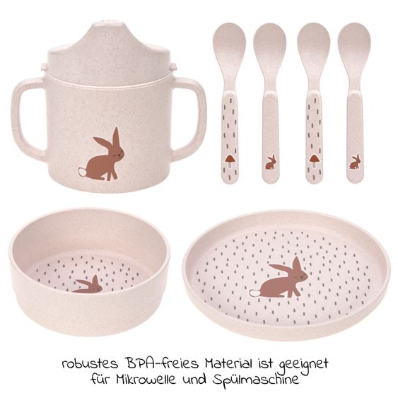 Lässig Set 9 pezzi per imparare a mangiare - Tazza Sippy + Ciotola + Piatto + 4 Cucchiai + 2 Bavaglini con velcro - Little Forest Rabbit - Rosa