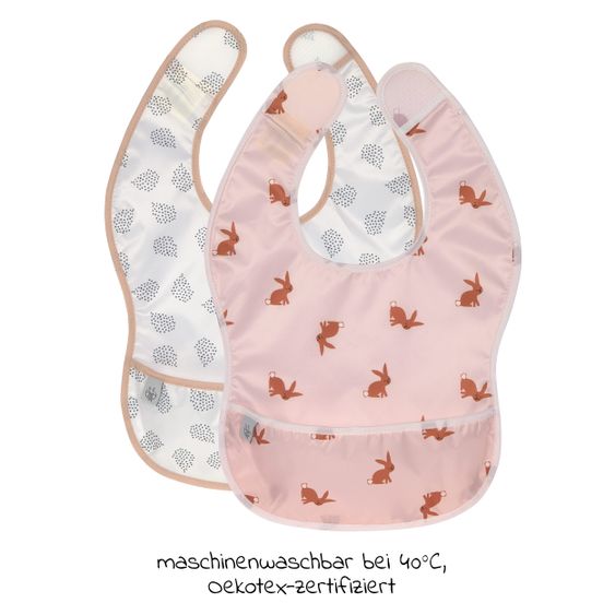 Lässig Set 9 pezzi per imparare a mangiare - Tazza Sippy + Ciotola + Piatto + 4 Cucchiai + 2 Bavaglini con velcro - Little Forest Rabbit - Rosa